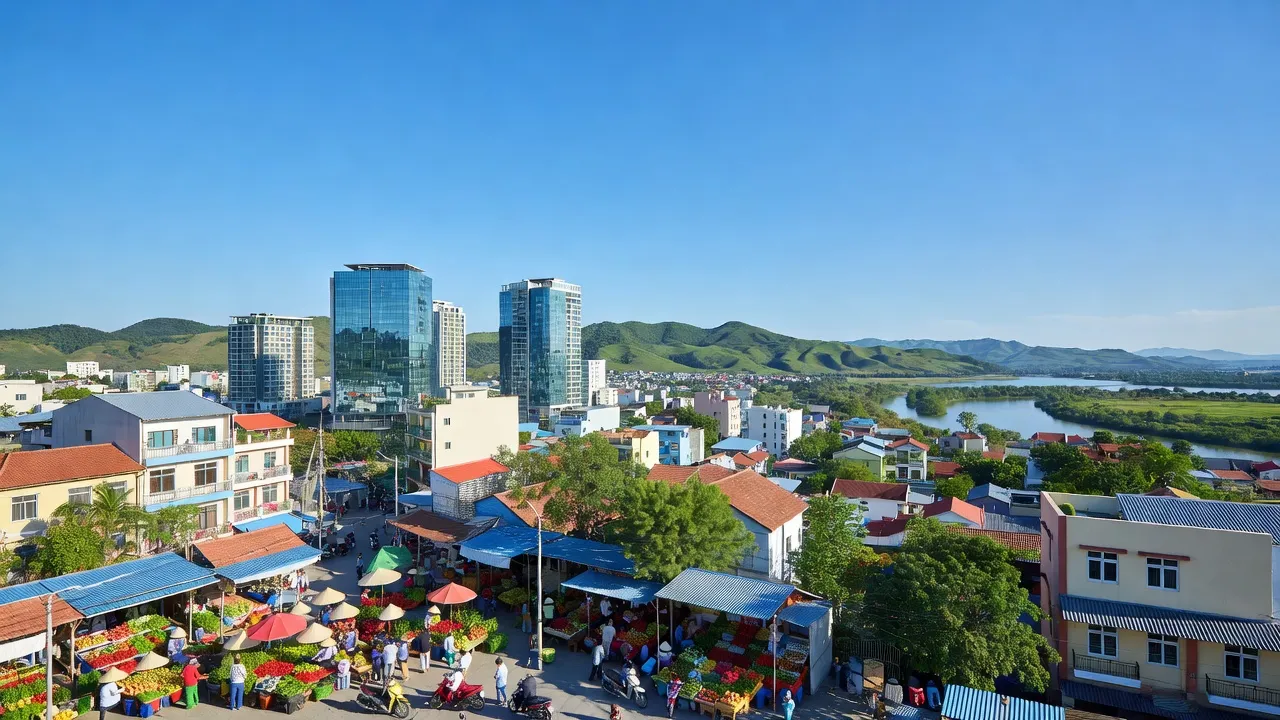 Khung cảnh Thành phố Vinh, tỉnh Nghệ An với kiến trúc hiện đại và không gian đô thị sôi động.