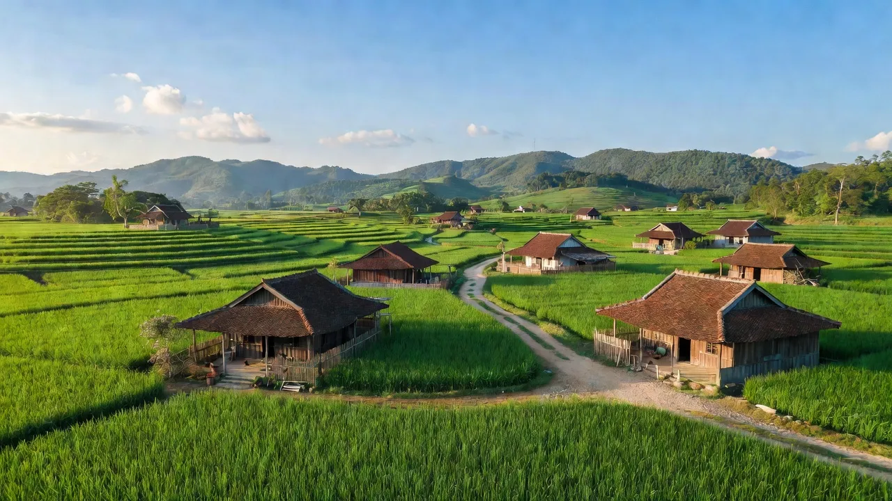 Cảnh quan huyện Yên Thành, Nghệ An với cánh đồng xanh tươi và nhà truyền thống, tạo nên vẻ đẹp nông thôn.
