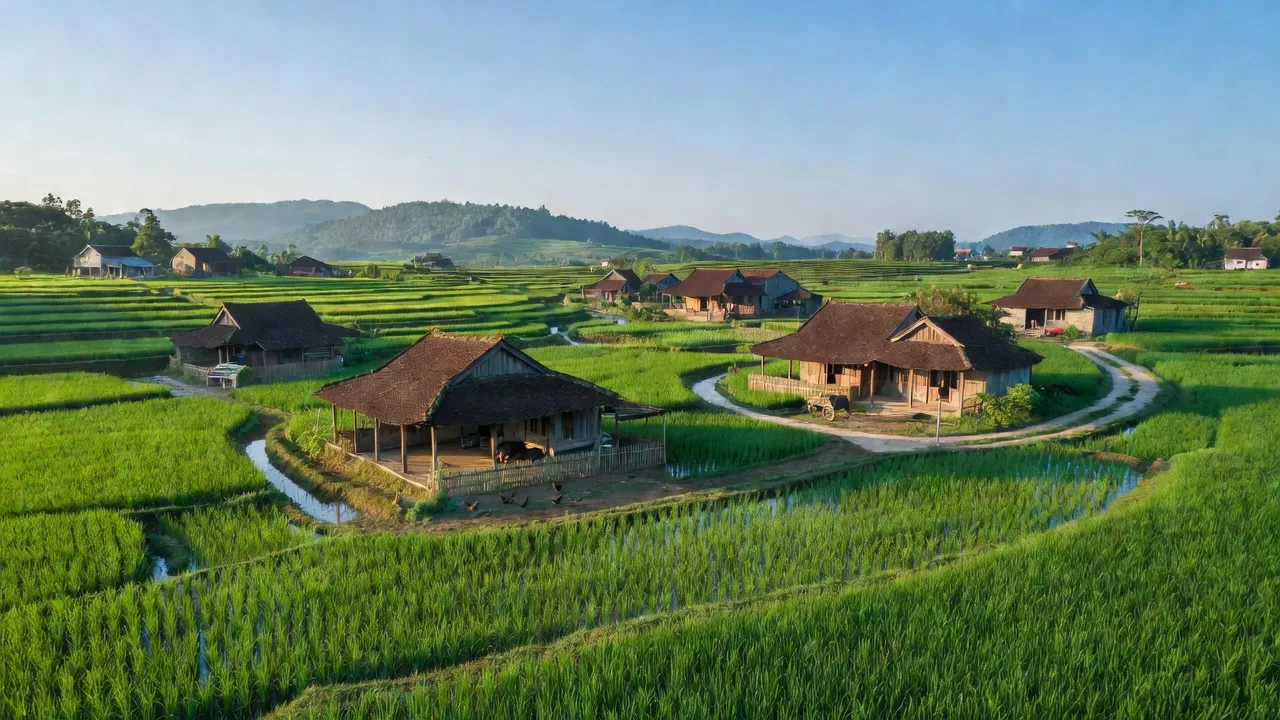 Quang cảnh huyện Yên Thành, Nghệ An, với đồng ruộng xanh, nhà truyền thống và bầu trời trong xanh.