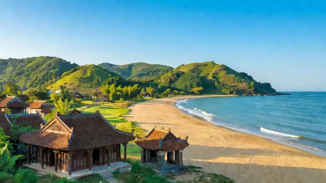 Khung cảnh tỉnh Nghệ An với bãi biển cát vàng và kiến trúc truyền thống Việt Nam.