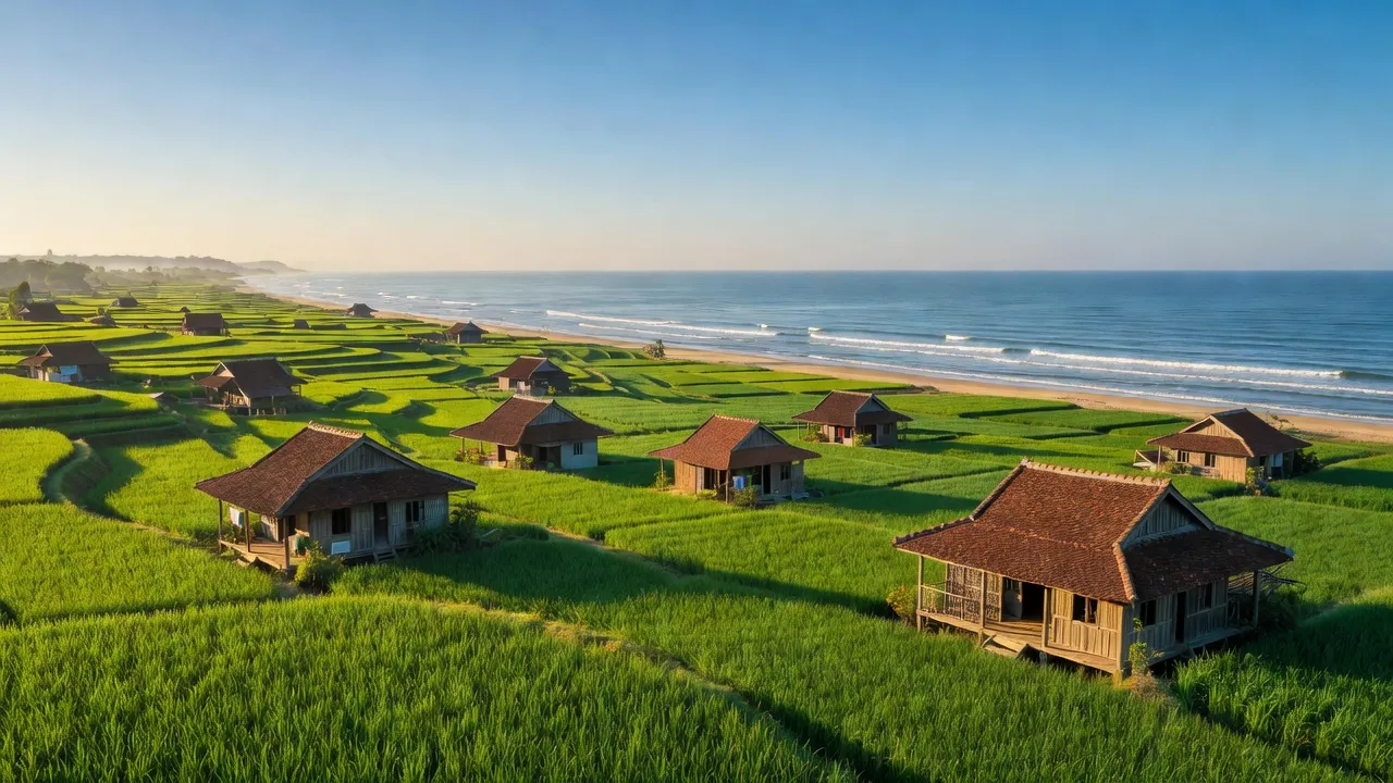 Nghệ An Province landscape with green fields, traditional houses, and beautiful coastline, Vietnam.