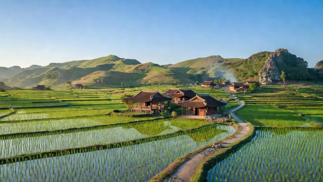 Cảnh đẹp huyện Gia Viễn, Ninh Bình với cánh đồng lúa và kiến trúc truyền thống, trời xanh.