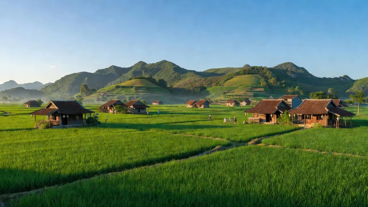 Huyện Gia Viễn, Ninh Bình with green rice fields and traditional Vietnamese houses under blue sky.