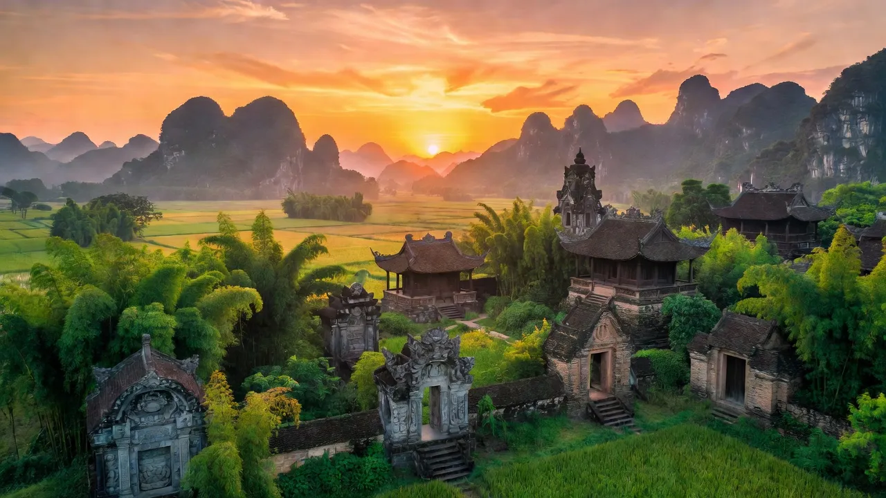 Khung cảnh thành phố Hoa Lư, Ninh Bình với kiến trúc cổ và thiên nhiên tươi đẹp.