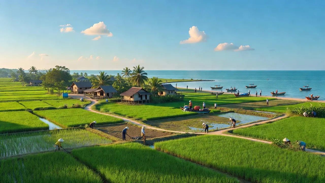 Cảnh đẹp Huyện Kim Sơn, Ninh Bình với phong cảnh xanh tươi và cuộc sống địa phương sôi động.