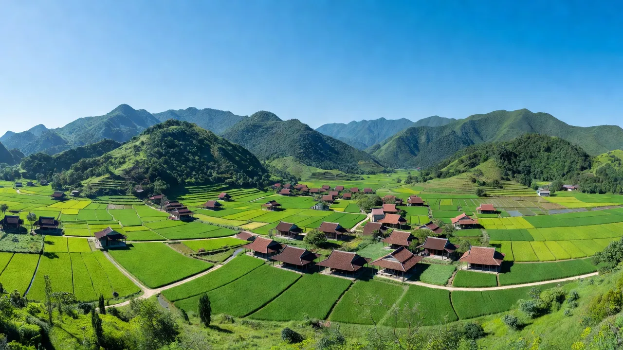 Cảnh sắc huyện Nho Quan, Ninh Bình với núi xanh và nhà truyền thống dưới bầu trời trong xanh.