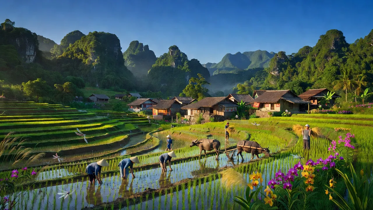 Khung cảnh huyện Nho Quan, Ninh Bình với núi xanh, cánh đồng bậc thang và làng quê truyền thống.