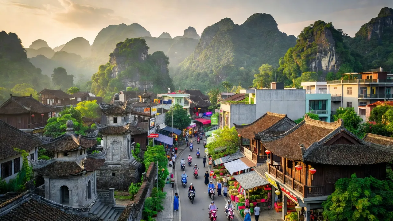 Tam Điệp City in Ninh Bình, featuring green mountains and local architecture, symbolizing the area’s rich history.