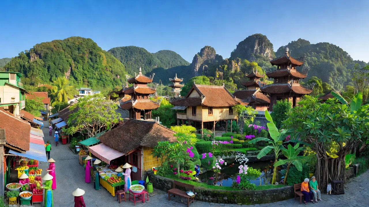 Thành phố Tam Điệp, Ninh Bình với núi non xanh tươi và kiến trúc truyền thống Việt Nam.