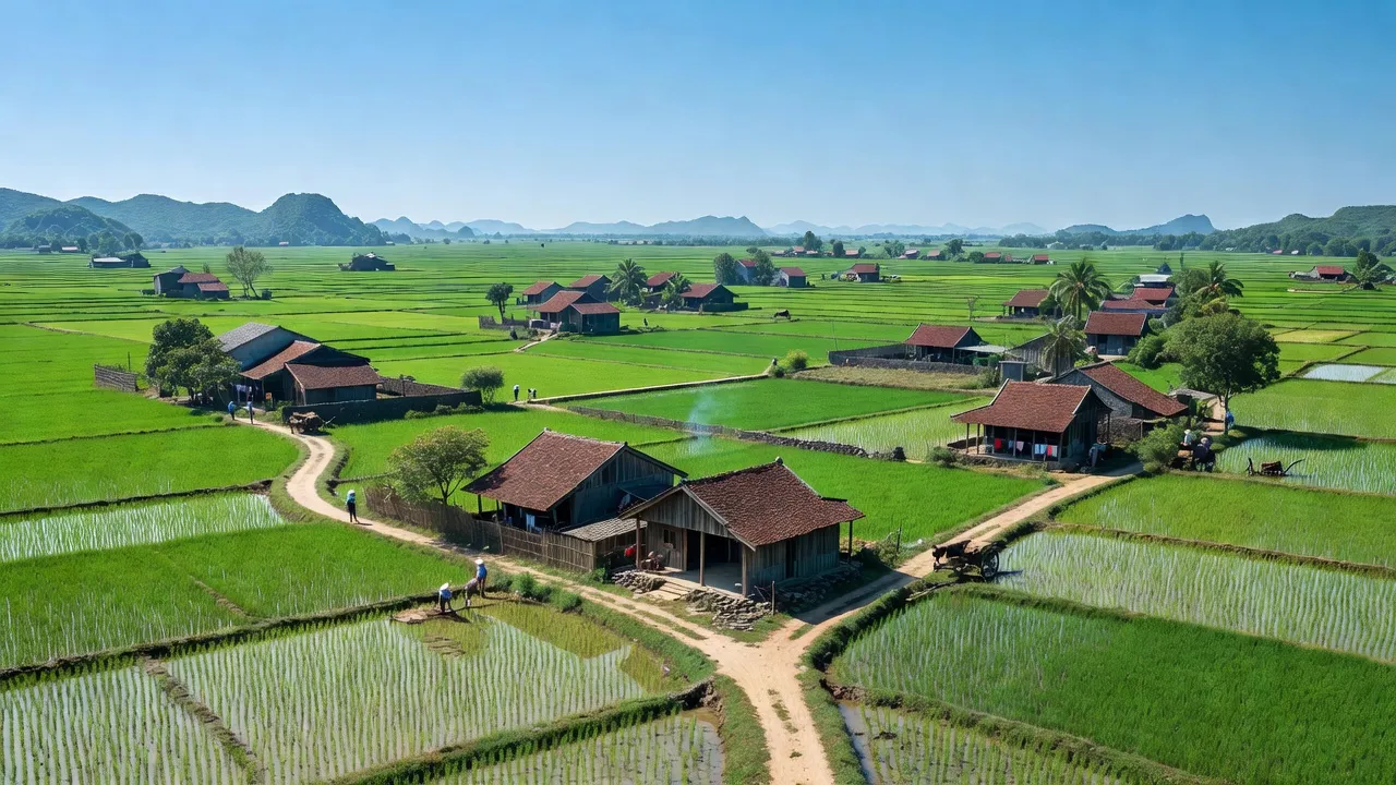 Cảnh đẹp huyện Yên Khánh, Ninh Bình với cánh đồng xanh và làng quê truyền thống, Việt Nam.