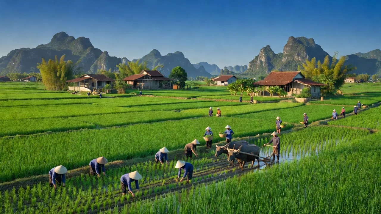 Khung cảnh huyện Yên Khánh, tỉnh Ninh Bình với đồng xanh và hoạt động nông nghiệp truyền thống.
