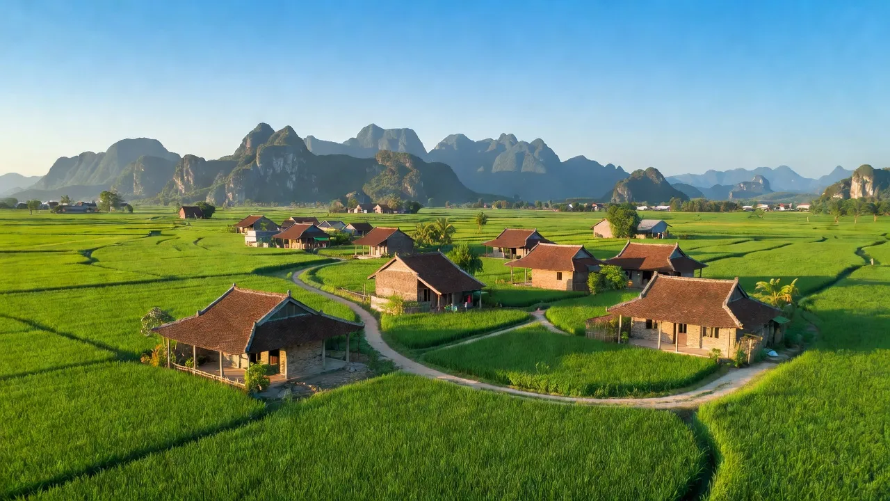 Cảnh quang huyện Yên Mô, Ninh Bình với cánh đồng xanh và nhà truyền thống Việt Nam.