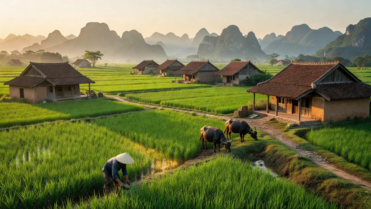 Quang cảnh huyện Yên Mô, Ninh Bình với cánh đồng xanh và nhà truyền thống Việt Nam.