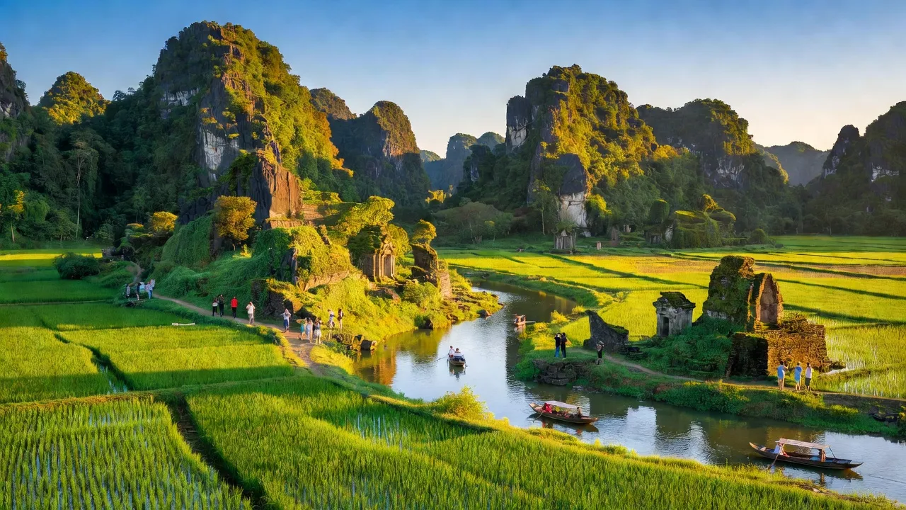 Cảnh đẹp tỉnh Ninh Bình với núi non, cánh đồng lúa và dòng sông, nổi bật vẻ đẹp tự nhiên.