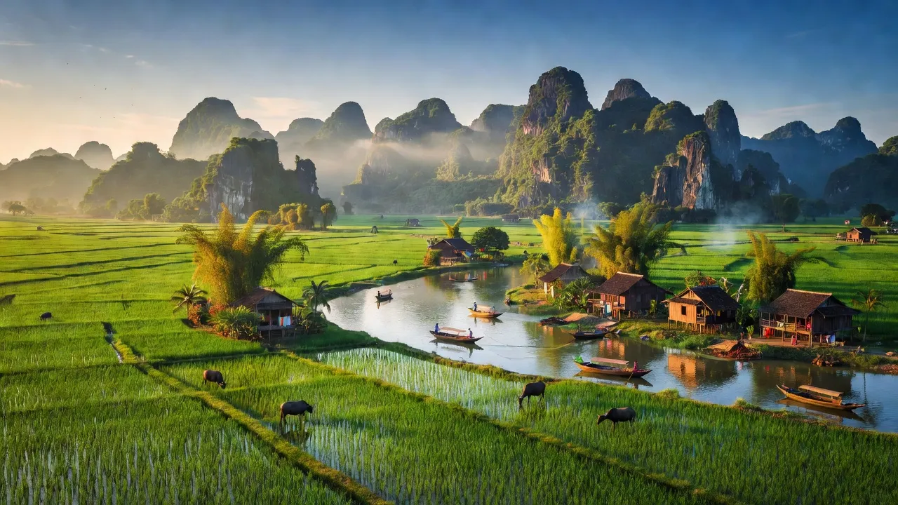 Cảnh quan tuyệt đẹp của Ninh Bình với núi, sông và đồng cỏ xanh mướt, nổi bật văn hóa Việt Nam.