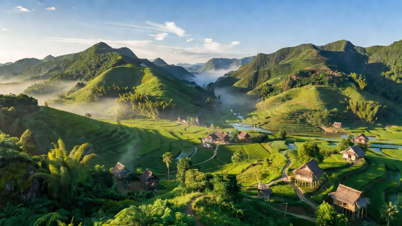 Khung cảnh Huyện Bác Ái, Ninh Thuận với đồi núi và thung lũng xanh tươi, thiên nhiên hoang sơ.