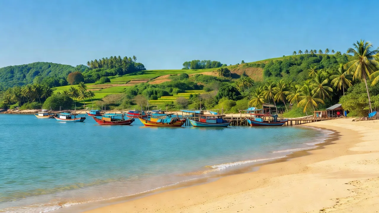 Khung cảnh biển huyện Ninh Hải với bãi tắm và cảng cá, Ninh Thuận, Việt Nam.