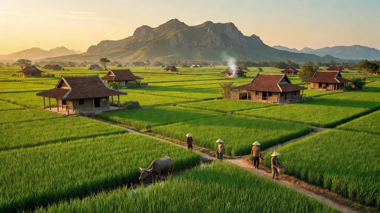Cảnh đẹp huyện Ninh Phước, Ninh Thuận với cánh đồng xanh và nhà cửa truyền thống.