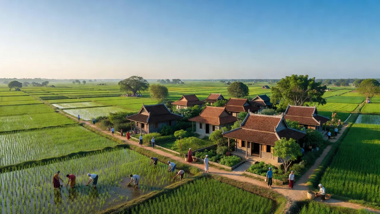 Cảnh đồng quê huyện Ninh Phước, Ninh Thuận với ngôi làng truyền thống và bầu trời trong xanh.