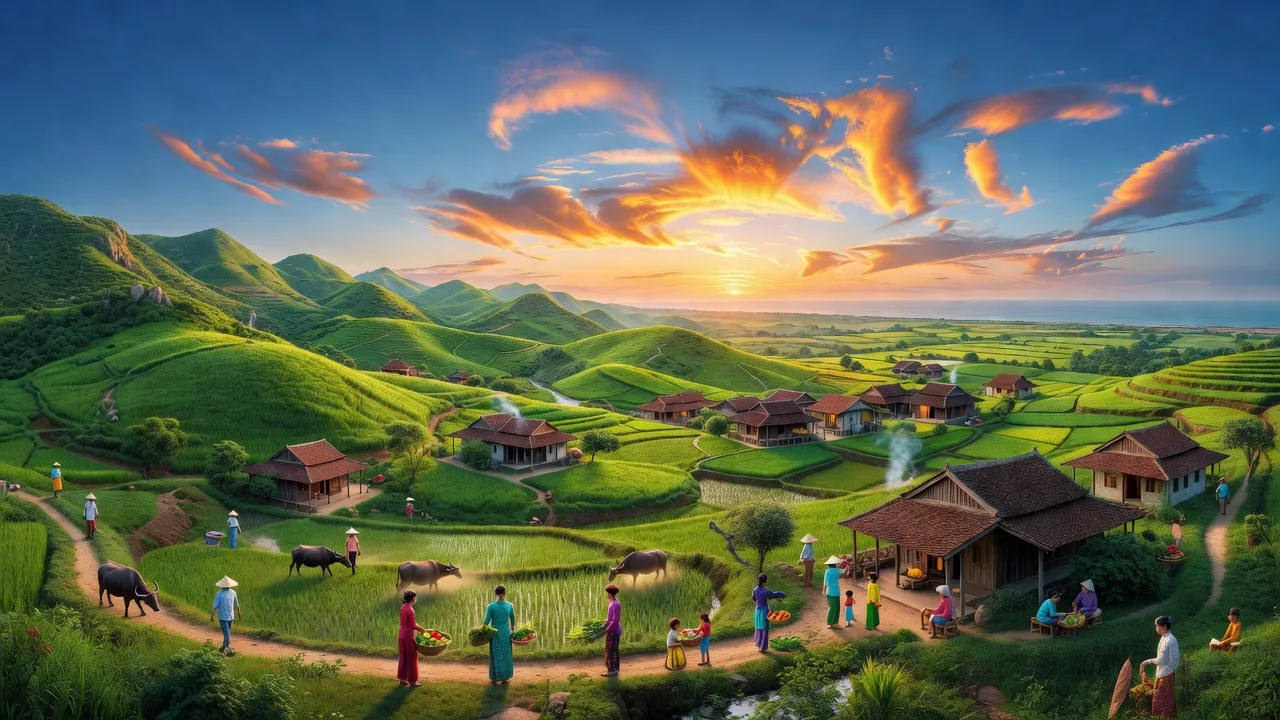 Ninh Sơn, Ninh Thuận, cảnh quan thiên nhiên xanh mướt, núi đồi, nhà truyền thống, bầu trời trong xanh.