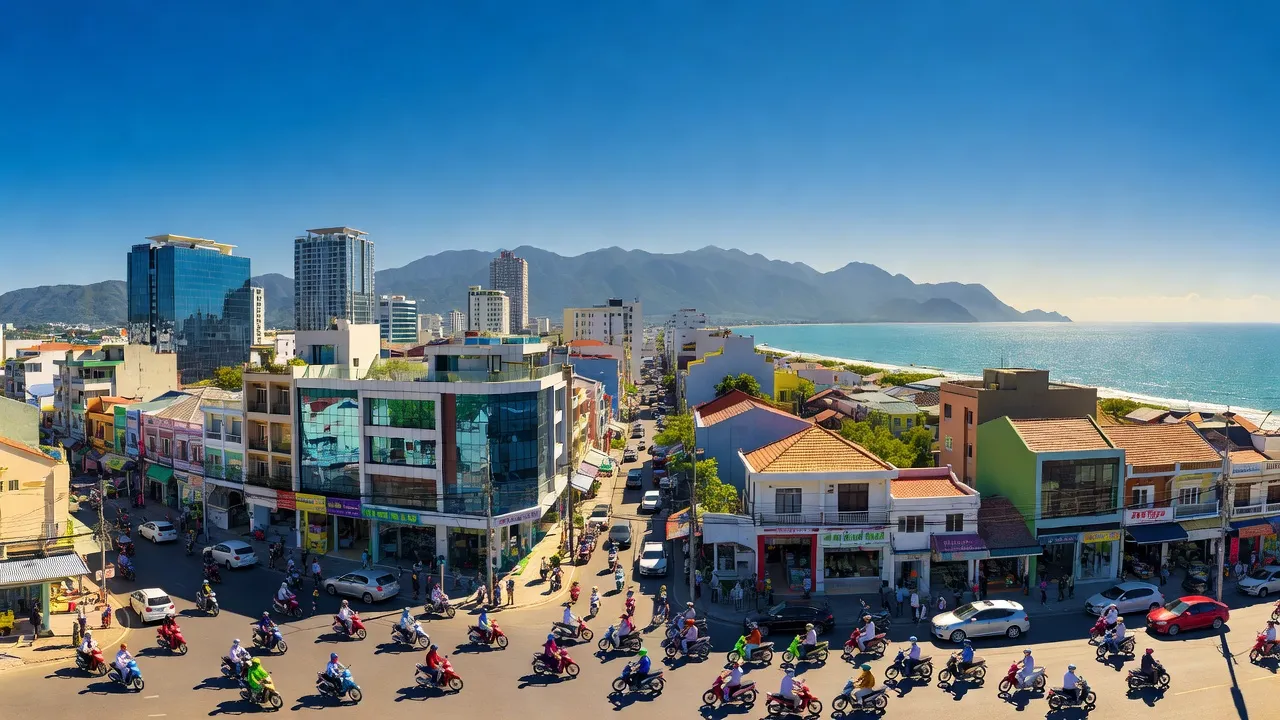 Cảnh quan thành phố Phan Rang-Tháp Chàm, Ninh Thuận với biển xanh và trời trong sáng.