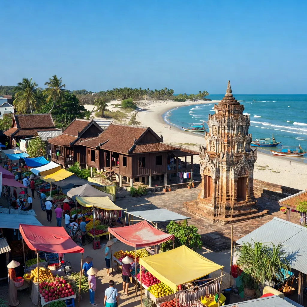 Thành phố Phan Rang-Tháp Chàm, Ninh Thuận với bãi biển và kiến trúc truyền thống rực rỡ.