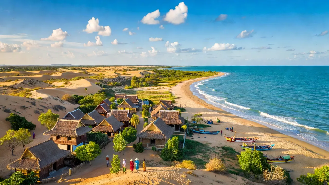 Khung cảnh huyện Thuận Nam, Ninh Thuận, với bờ biển, nhà truyền thống và bầu trời xanh.