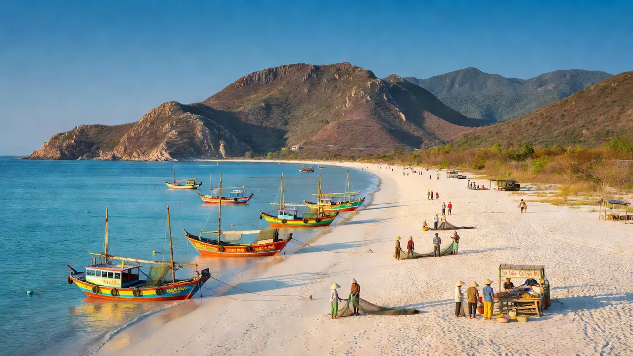 Cảnh biển Tỉnh Ninh Thuận với bờ biển dài và núi non, thời tiết nắng đẹp.