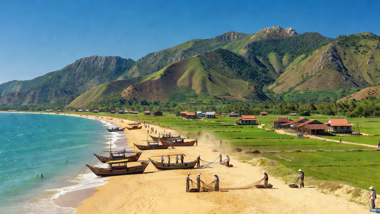 Khung cảnh tỉnh Ninh Thuận với bờ biển dài và địa hình đa dạng, Việt Nam.