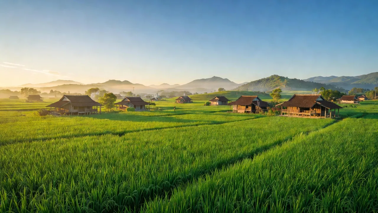 Cảnh đẹp huyện Cẩm Khê, Phú Thọ: cánh đồng xanh, đồi núi, và kiến trúc nhà truyền thống.