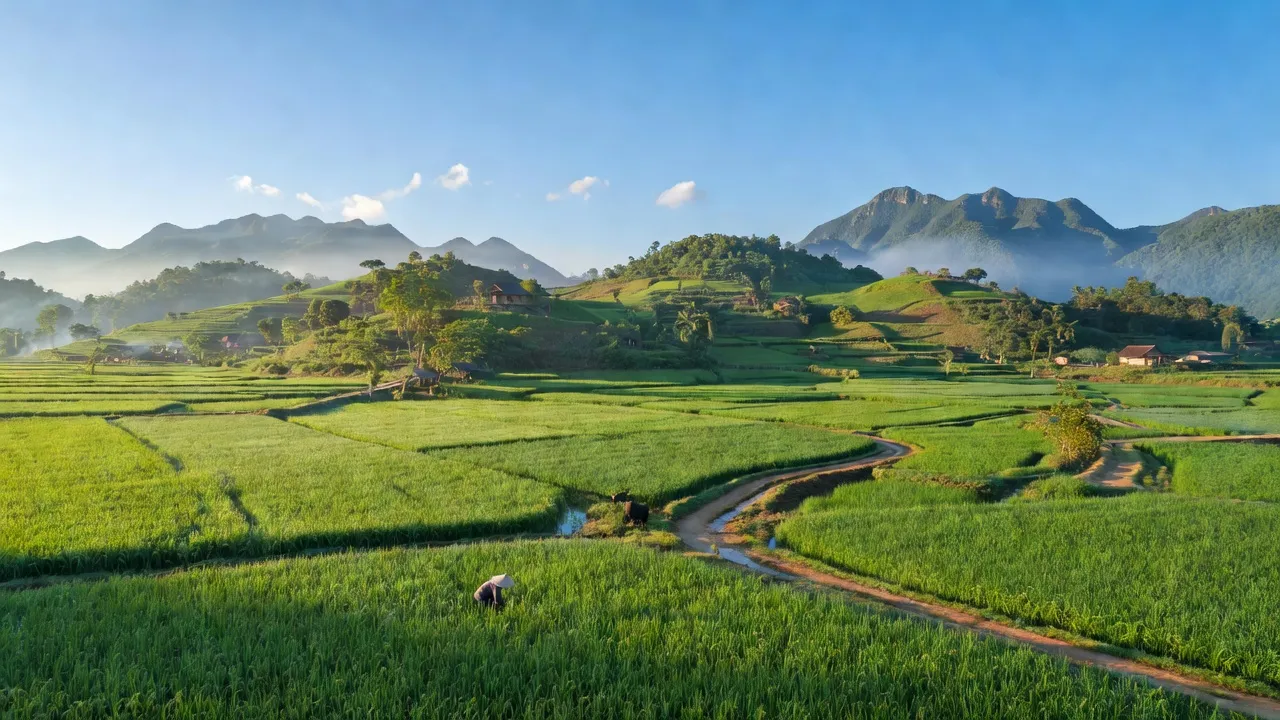 Cảnh đẹp tại Xã Minh Thắng, Huyện Cẩm Khê, Tỉnh Phú Thọ với cánh đồng xanh và đồi núi.