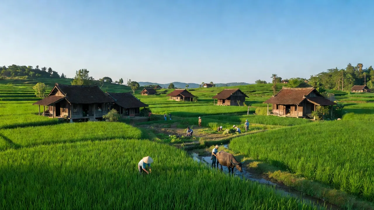 Cảnh sắc bình yên xã Nhật Tiến, huyện Cẩm Khê, tỉnh Phú Thọ với nhà dân và đồng ruộng xanh tươi.