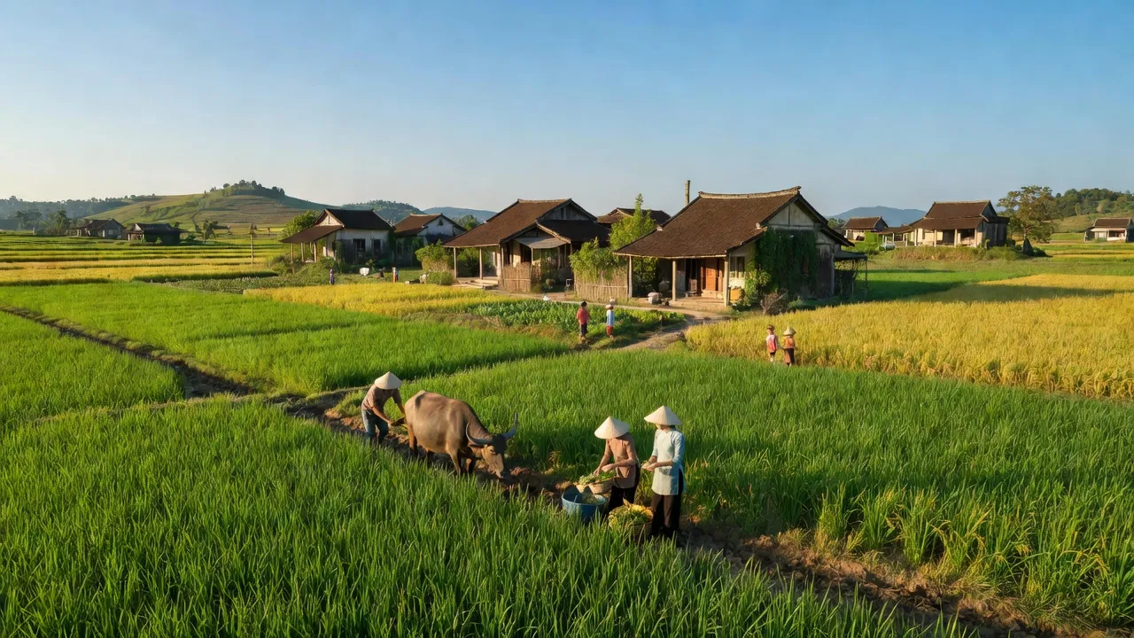 Khung cảnh xã Phượng Vĩ, huyện Cẩm Khê, với ruộng đồng và nhà truyền thống ở Việt Nam.