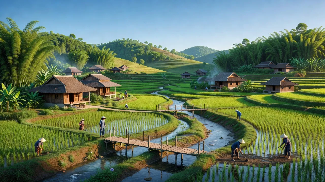 Cảnh đẹp xã Tùng Khê, huyện Cẩm Khê, tỉnh Phú Thọ với đồi núi, cây cối và nhà truyền thống.