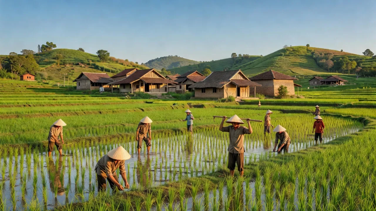 Cảnh quan Xã Văn Bán, huyện Cẩm Khê, tỉnh Phú Thọ với cánh đồng xanh và nhà truyền thống