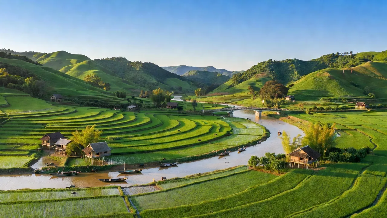 Khung cảnh huyện Đoan Hùng, Phú Thọ với đồng xanh, đồi núi và dòng sông uốn lượn.