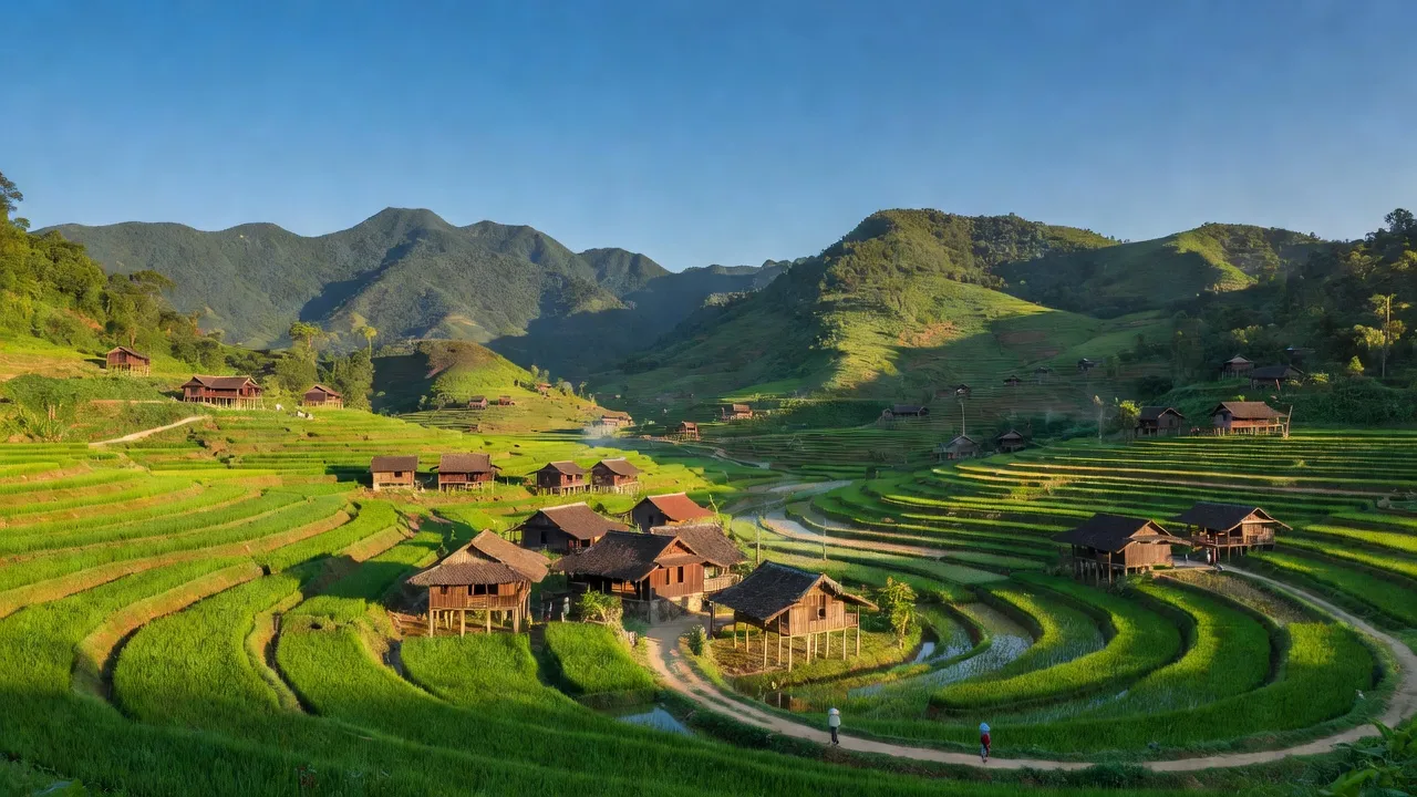 Khung cảnh Xã Bằng Luân, huyện Đoan Hùng, tỉnh Phú Thọ với núi non và ruộng bậc thang.