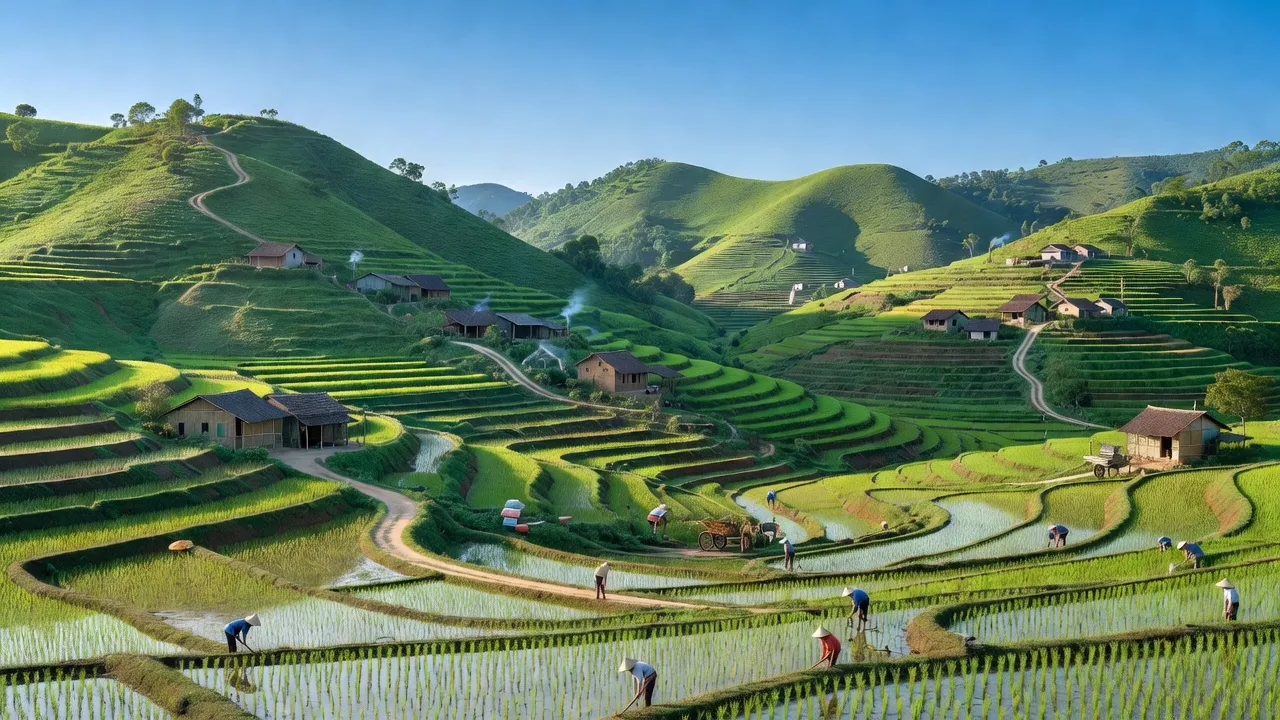Khung cảnh huyện Hạ Hoà, Phú Thọ với đồng ruộng xanh tươi và đồi núi trập trùng.