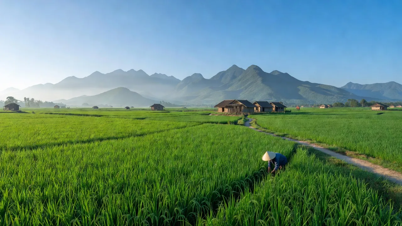 Khung cảnh thiên nhiên tuyệt đẹp huyện Hạ Hoà, Tỉnh Phú Thọ với cánh đồng và núi.