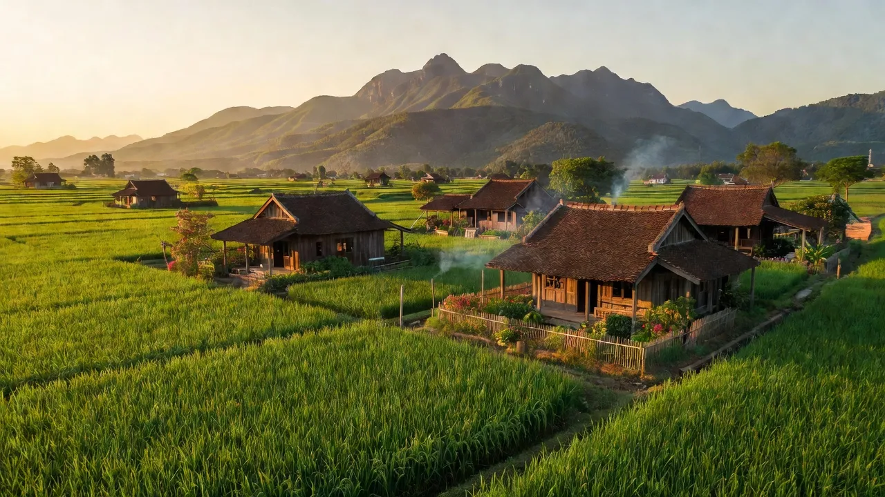 Xã Gia Điền, Huyện Hạ Hoà, Tỉnh Phú Thọ với cánh đồng xanh và nhà truyền thống.