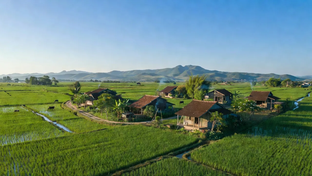 Cảnh đẹp xã Hiền Lương, Huyện Hạ Hoà, Tỉnh Phú Thọ với đồng xanh và bầu trời trong xanh.