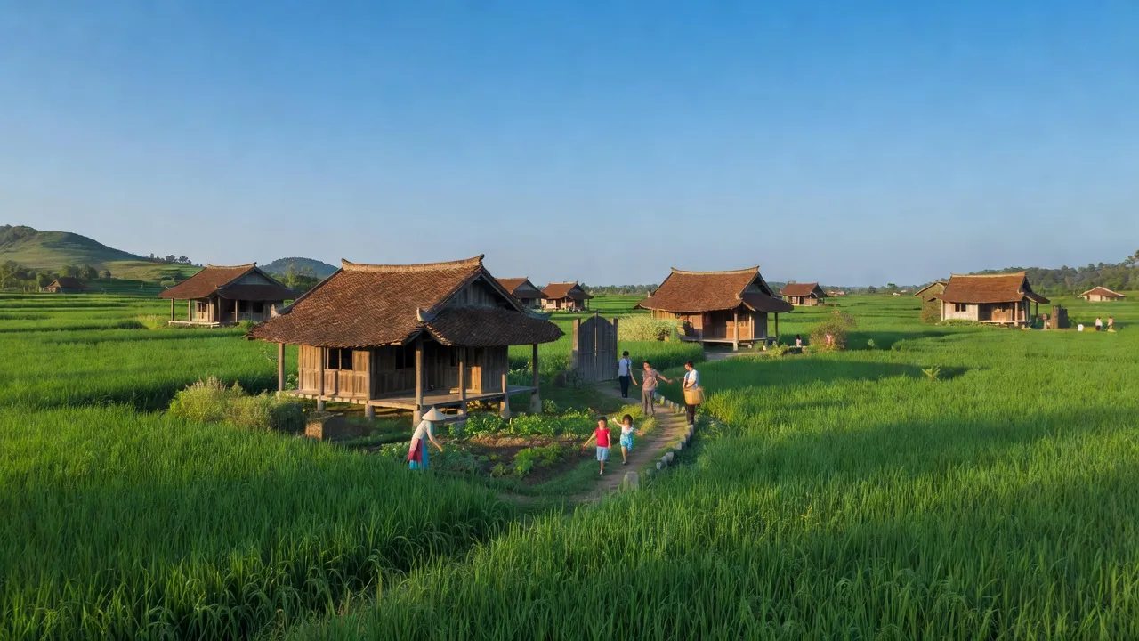 Phong cảnh xã Hiền Lương, Huyện Hạ Hoà, Tỉnh Phú Thọ với cánh đồng xanh và nhà truyền thống.