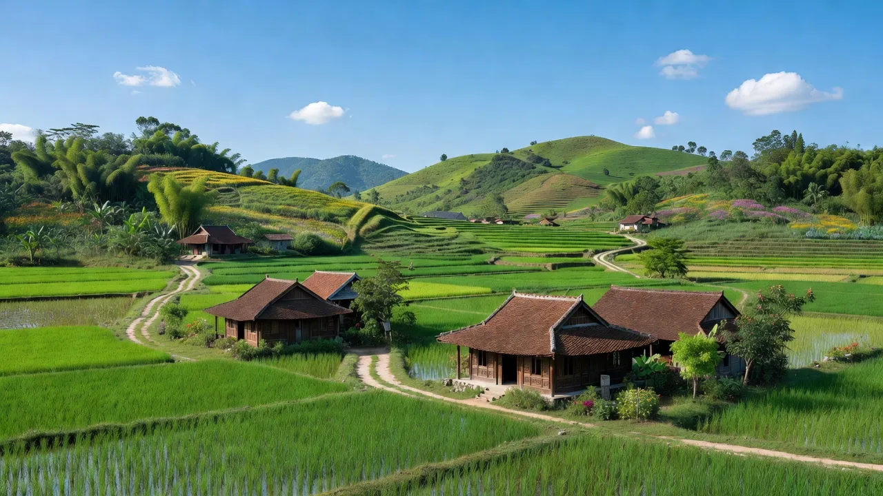 Cảnh đẹp Xã Lang Sơn, Huyện Hạ Hoà, Tỉnh Phú Thọ với đồng ruộng và nhà truyền thống.