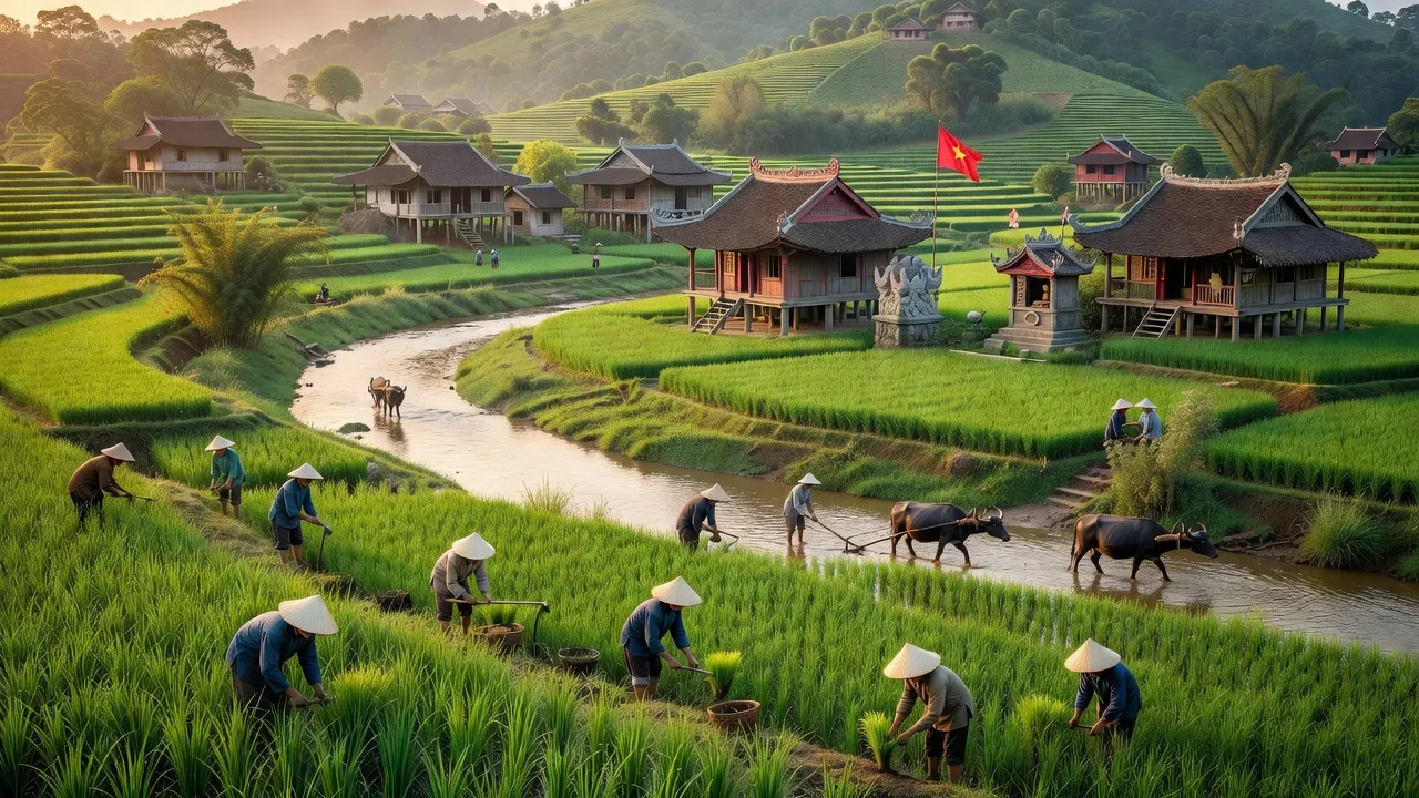 Cảnh quan xã Yên Kỳ, huyện Hạ Hoà, tỉnh Phú Thọ với cánh đồng xanh và nhà cửa truyền thống.