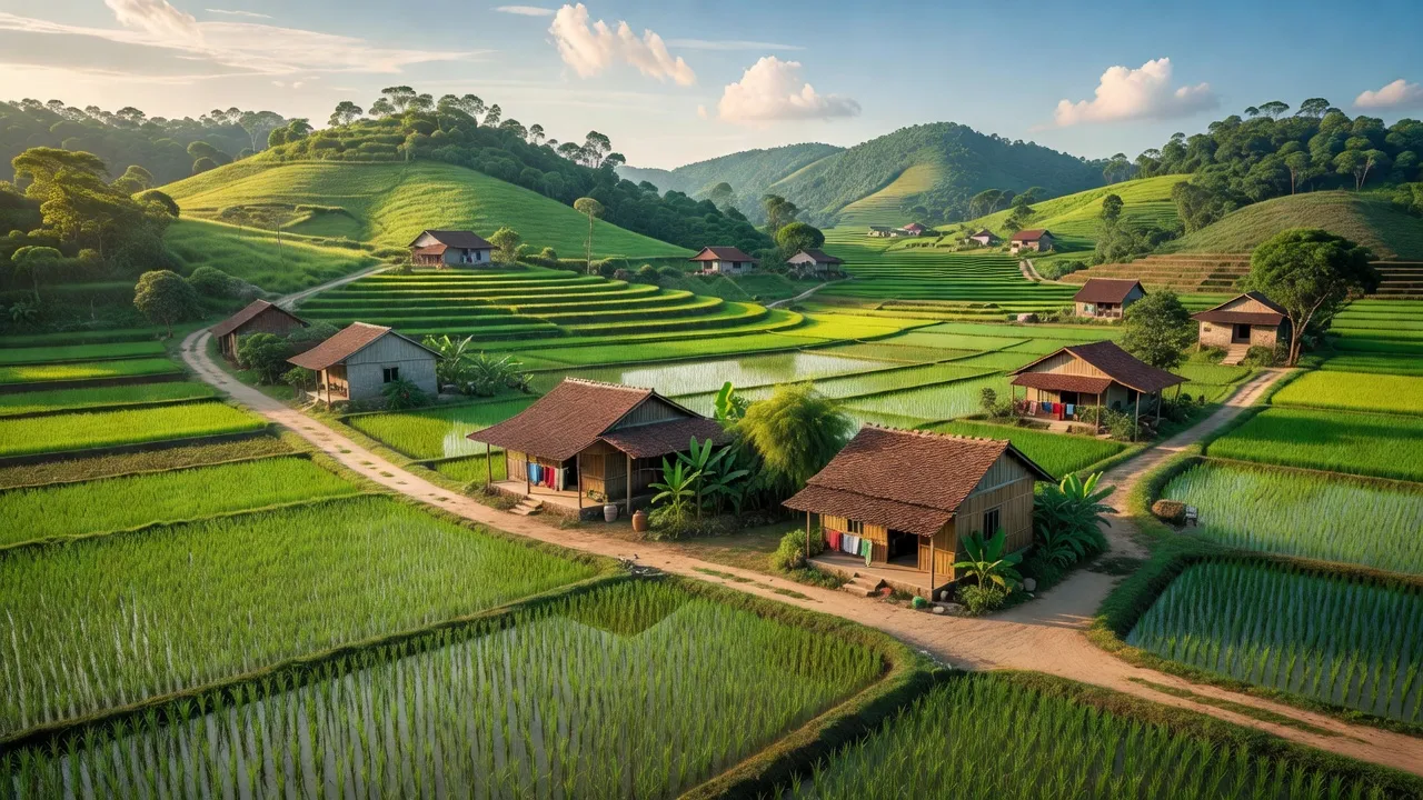 Cảnh quan huyện Lâm Thao, Phú Thọ với đồi núi và cánh đồng xanh, thời tiết trong lành.