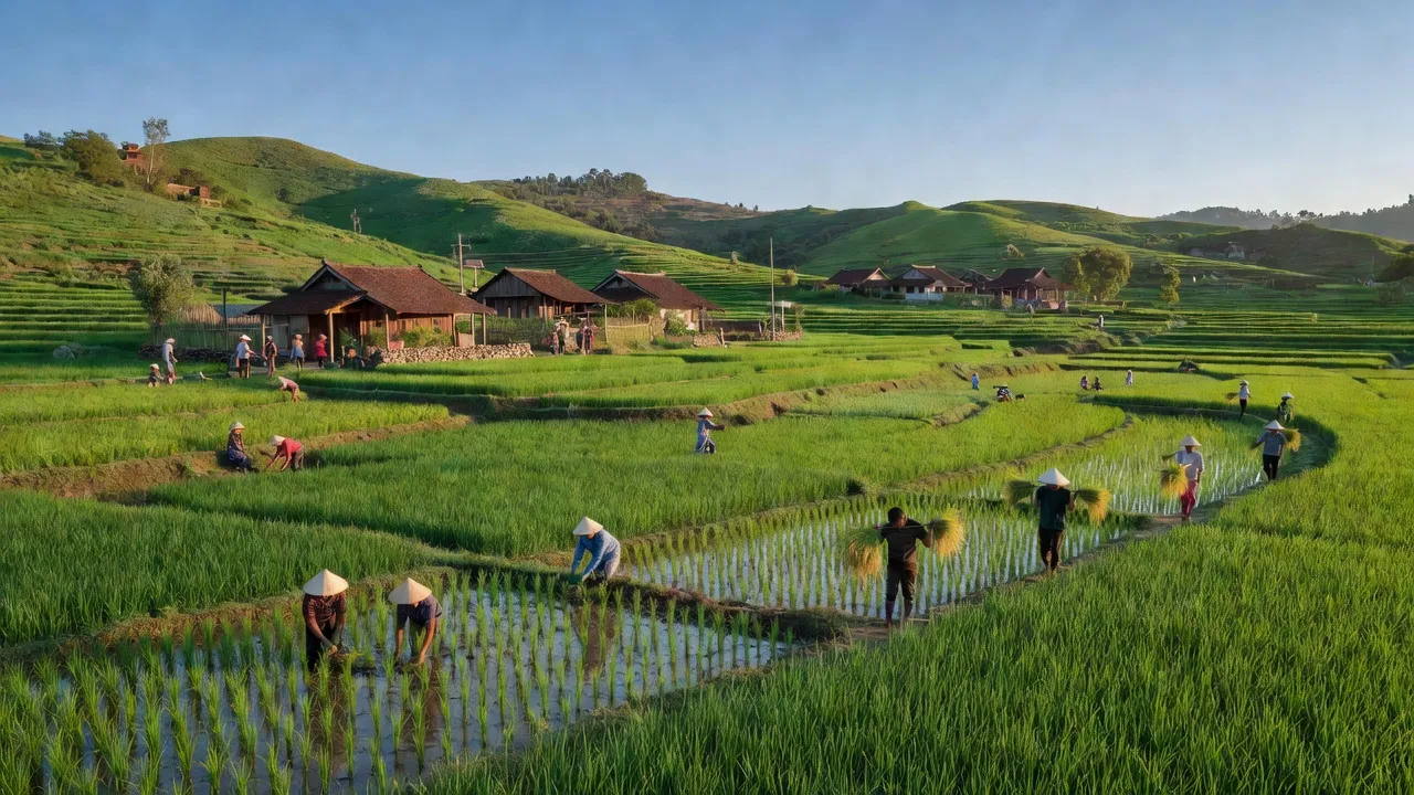 Quang cảnh huyện Lâm Thao, Phú Thọ, với đồng ruộng xanh và đồi núi thoai thoải.
