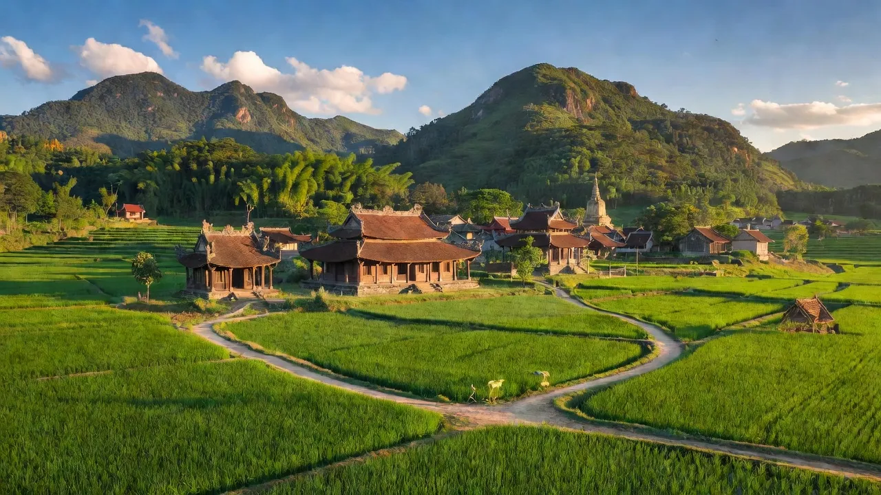 Cảnh quan xã Bản Nguyên, Lâm Thao, Phú Thọ với cánh đồng xanh, di tích lịch sử và trời trong.