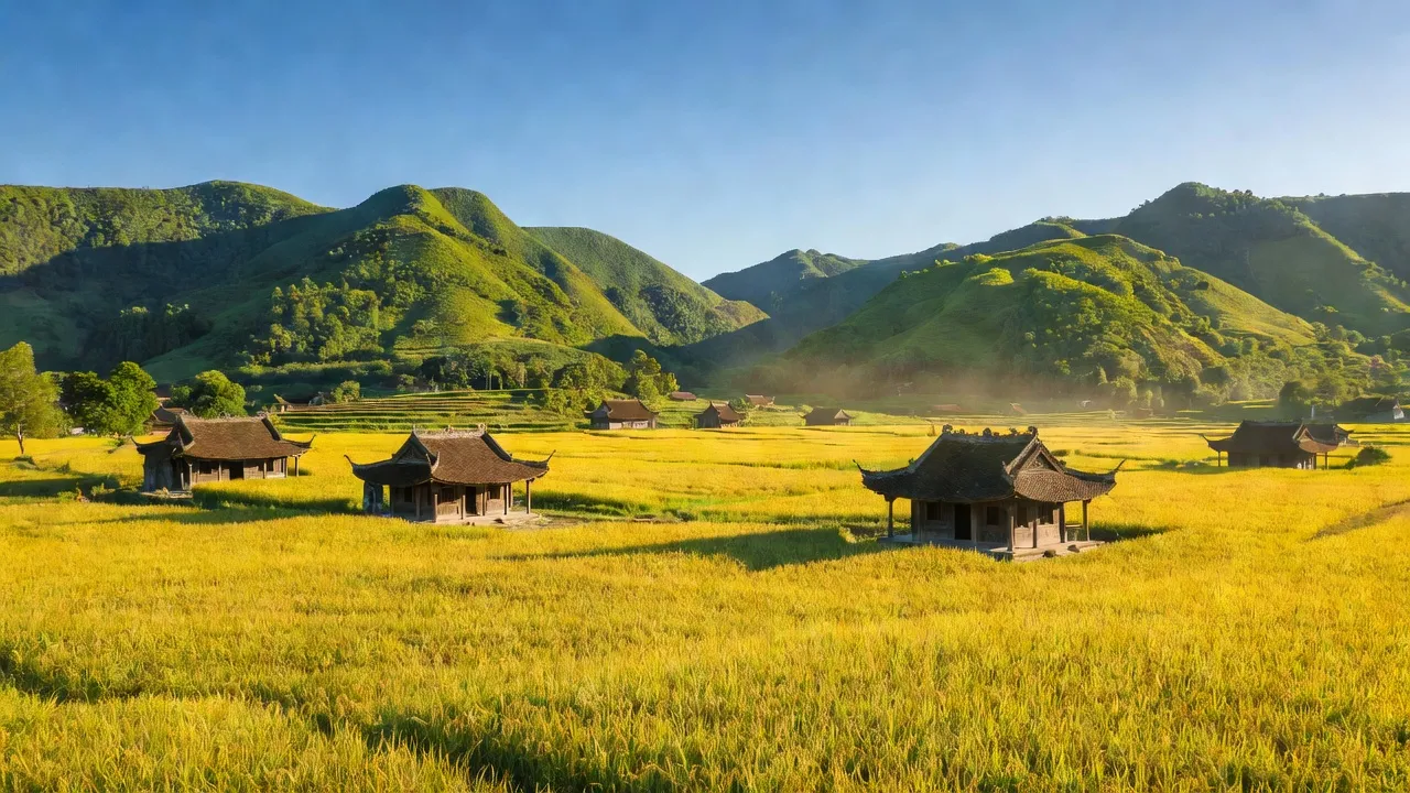 Khung cảnh đẹp của xã Bản Nguyên, huyện Lâm Thao, tỉnh Phú Thọ với núi và cánh đồng lúa.