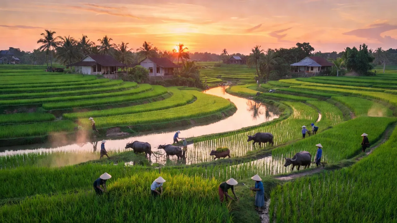 Cảnh đồng xanh tươi ở xã Vĩnh Lại, huyện Lâm Thao, tỉnh Phú Thọ với sông Hồng và nhà truyền thống.