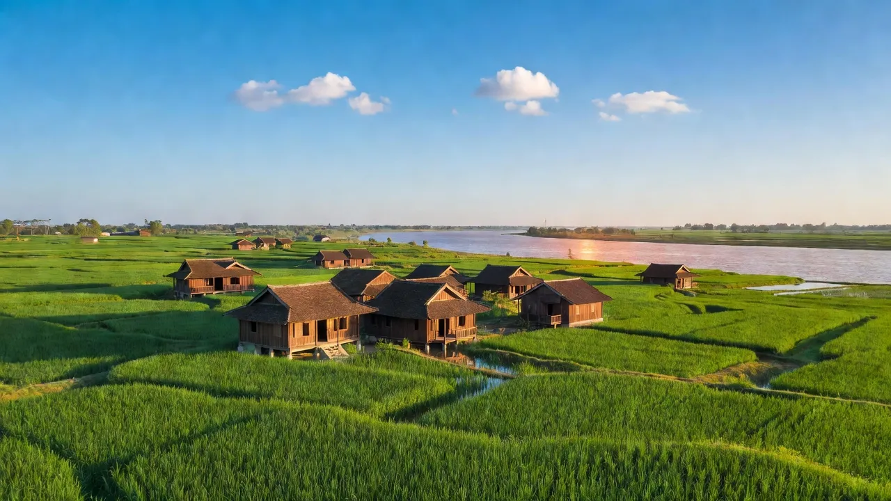 Cảnh quan Xã Vĩnh Lại, huyện Lâm Thao, tỉnh Phú Thọ với cánh đồng xanh mướt và sông Hồng.